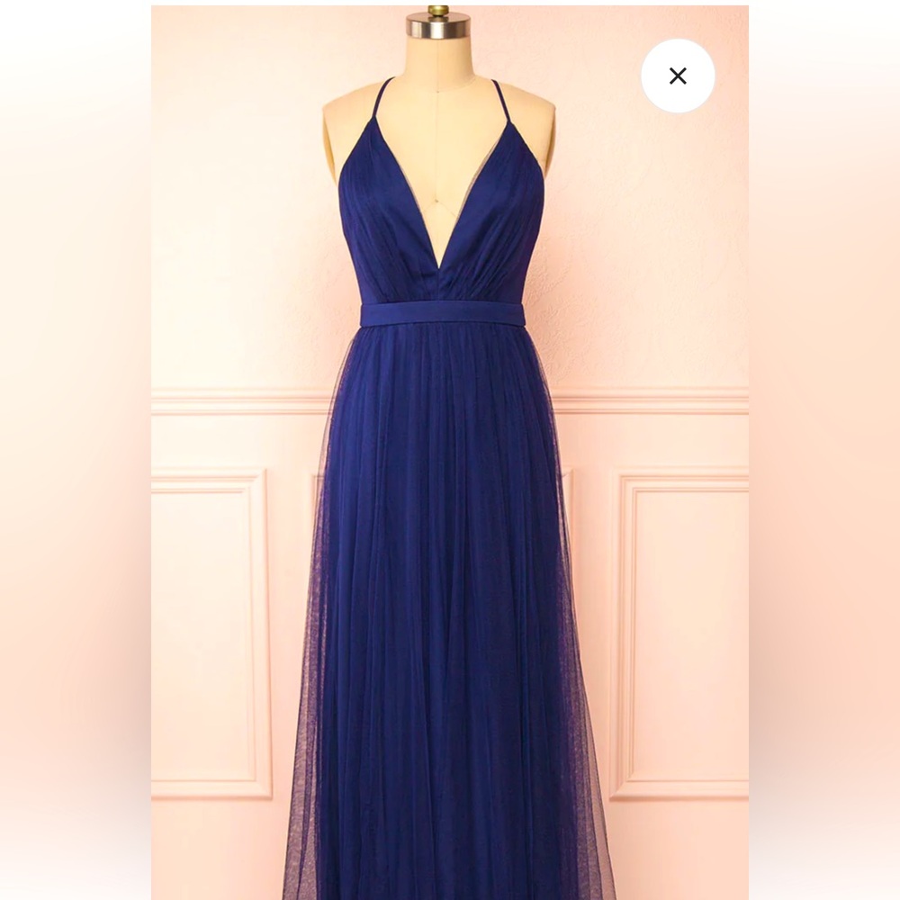 Maniju ,Elegant Navy Blue Tulle plunging neckline Evening Gown size L summer wed